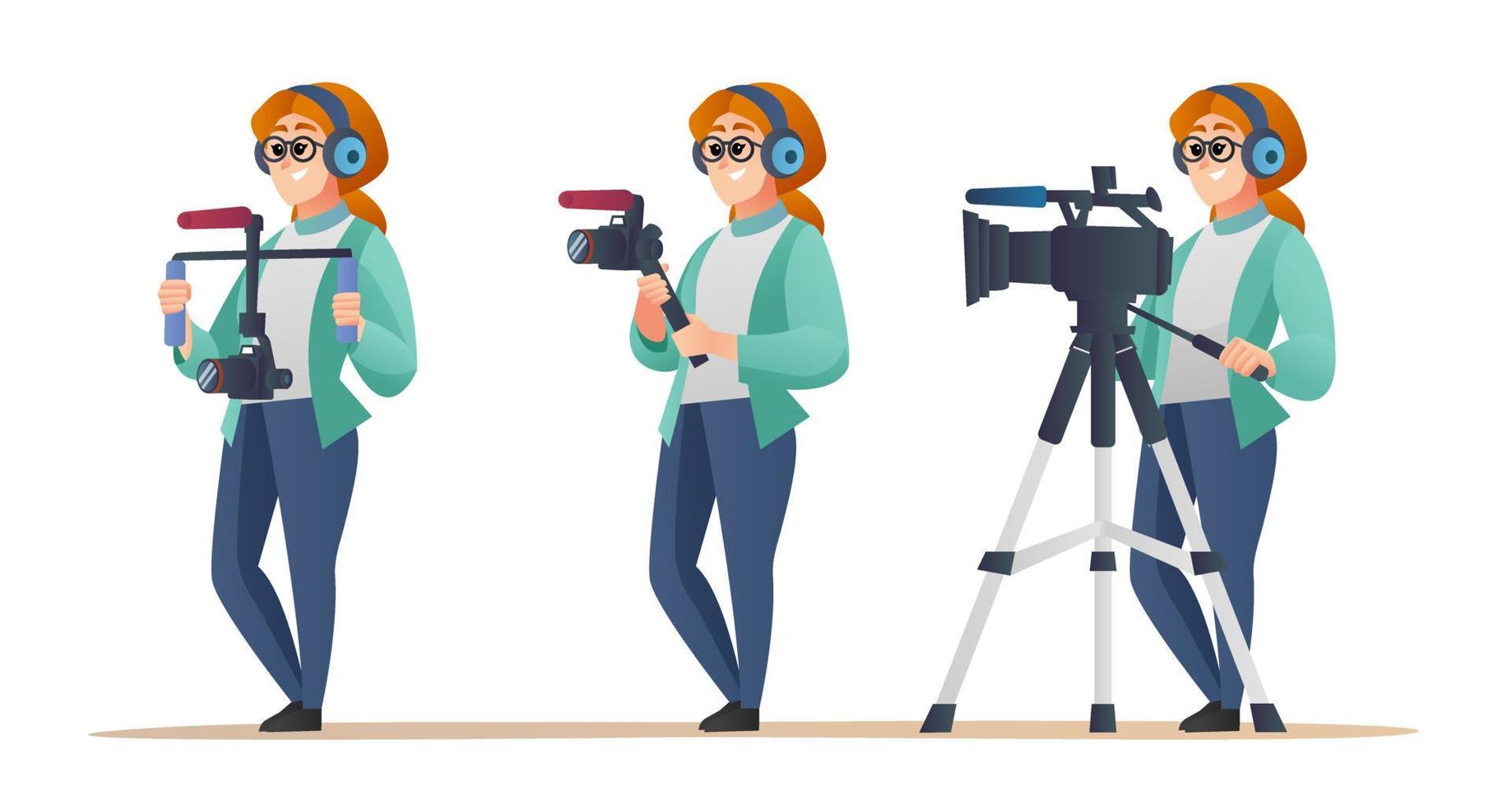 Professional female videographer character set in various poses vector
