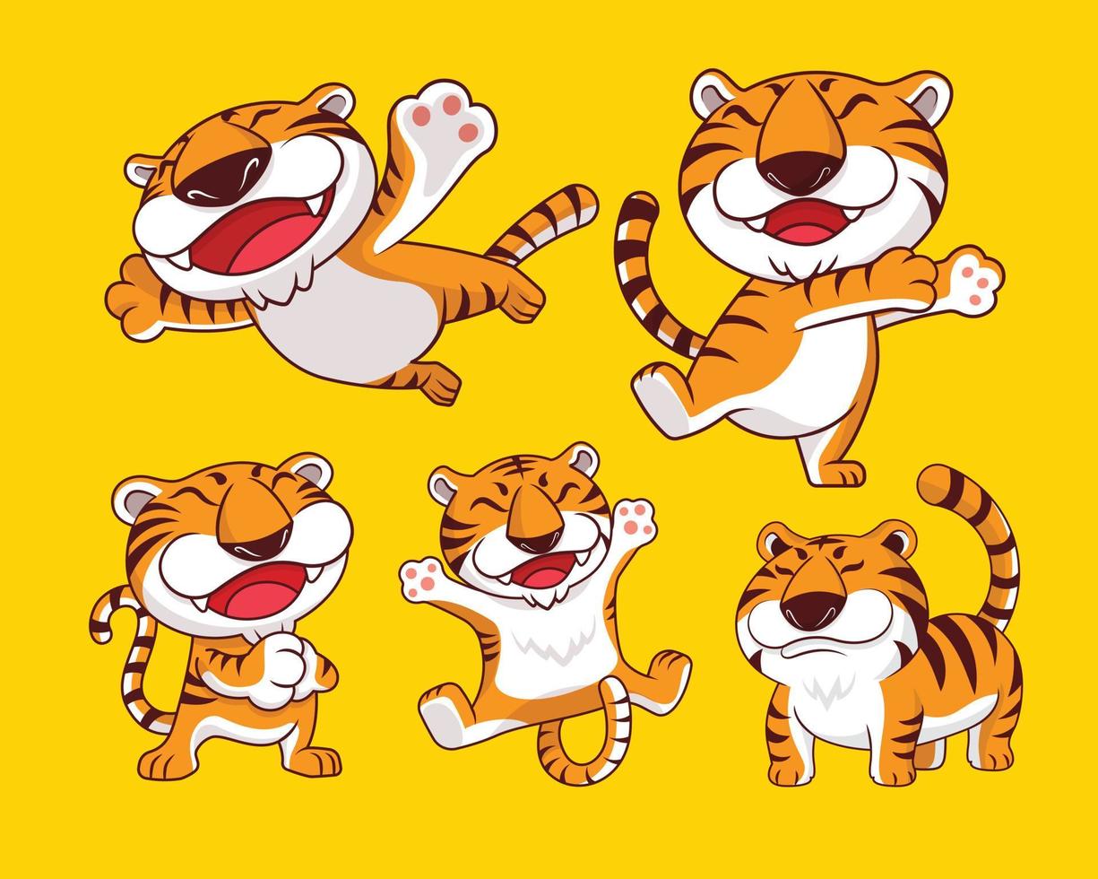 Collection of cartoon happy tiger character with various poses. Vector wild tiger mascot set illustration