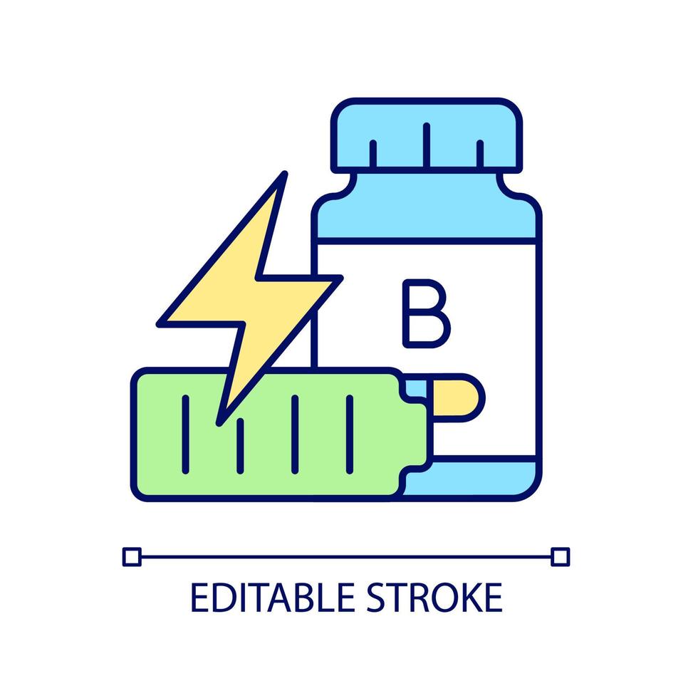 B vitamins for fatigue RGB color icon. Supplements to combat tiredness and weakness. Energy boost. Stress and dizziness reduction. Isolated vector illustration. Simple filled line drawing