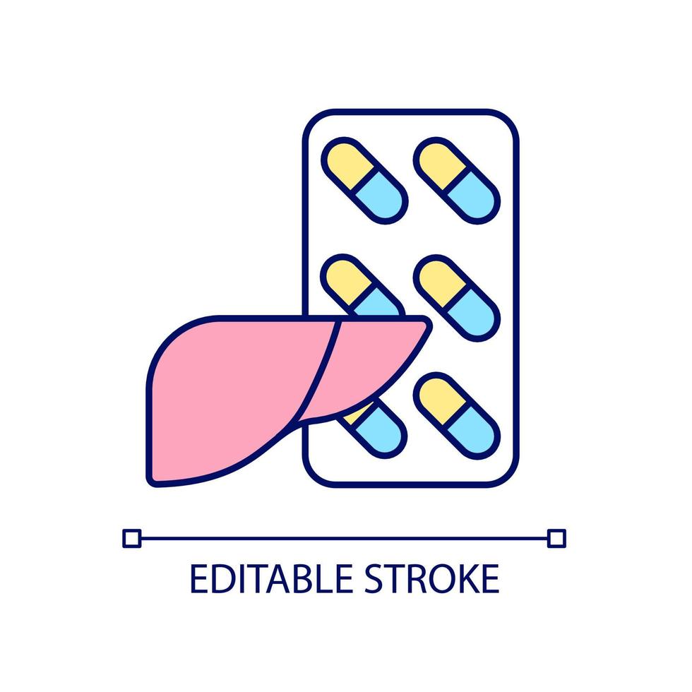 suplementos para el icono de color rgb del hígado. productos para desintoxicar y rejuvenecer el hígado. aumento del metabolismo. promoción de la producción de bilis. ilustración vectorial aislada. dibujo lineal relleno simple vector