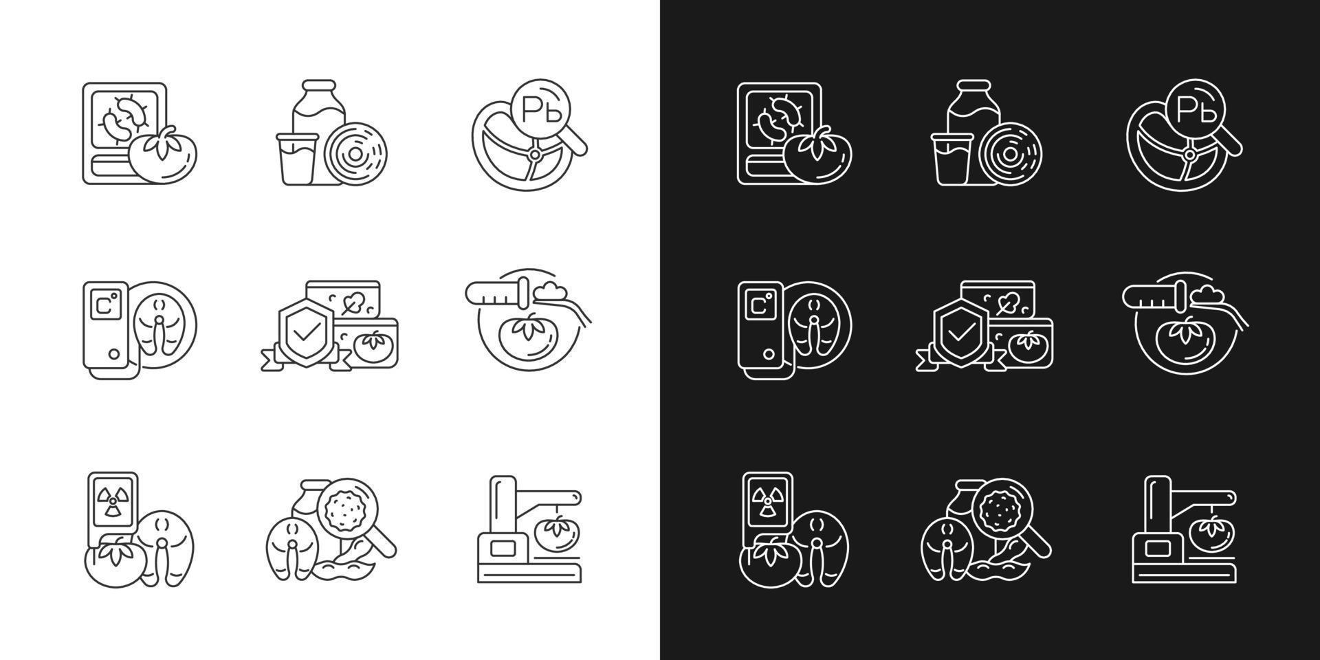 iconos lineales de análisis de alimentos establecidos para modo oscuro y claro. Detección de peligros biológicos y químicos. pruebas de laboratorio símbolos de línea fina personalizables. ilustraciones aisladas de contorno vectorial. trazo editable vector