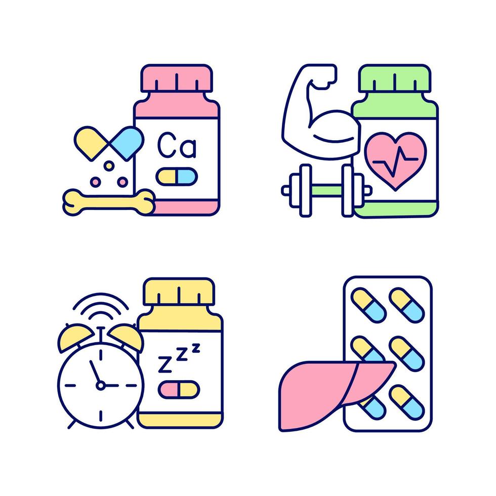 Food supplements RGB color icons set. Pills for healthy liver. Strengthening bones. Insomnia treatment. Cardiovascular tablets. Isolated vector illustrations. Simple filled line drawings collection