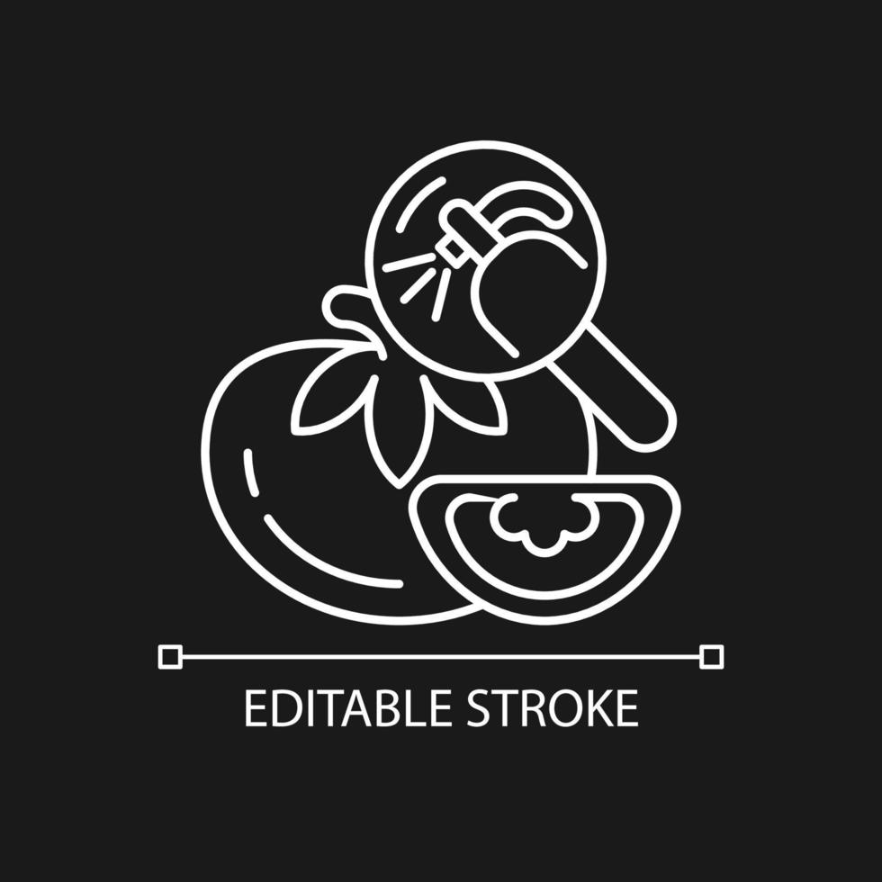Pesticide residue testing white linear icon for dark theme. Food product pesticide hazard. Thin line customizable illustration. Isolated vector contour symbol for night mode. Editable stroke