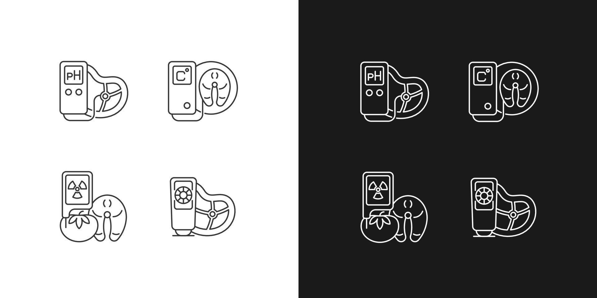 Food testing equipment linear icons set for dark and light mode. Scientific technology for product analysis. Customizable thin line symbols. Isolated vector outline illustrations. Editable stroke