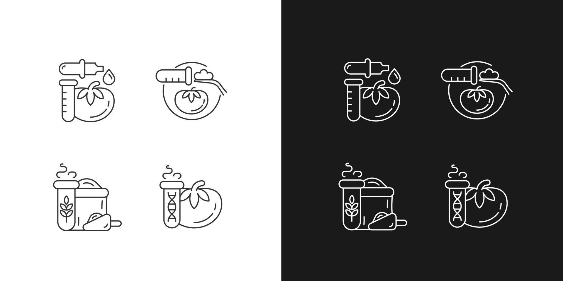 Artificial food additives linear icons set for dark and light mode. Modified organic products. Nutrition testing. Customizable thin line symbols. Isolated vector outline illustrations. Editable stroke