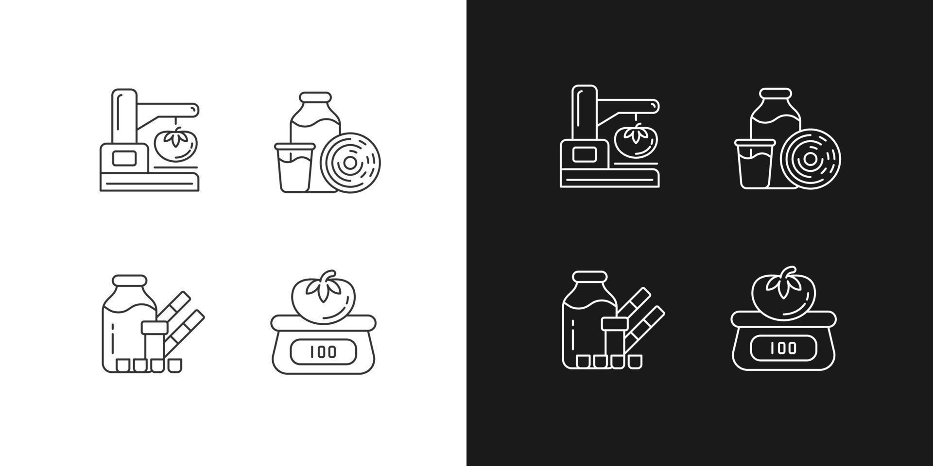 Iconos lineales de prueba de propiedad física de alimentos establecidos para modo oscuro y claro. pesar y medir. análisis físico símbolos de línea fina personalizables. ilustraciones aisladas de contorno vectorial. trazo editable vector