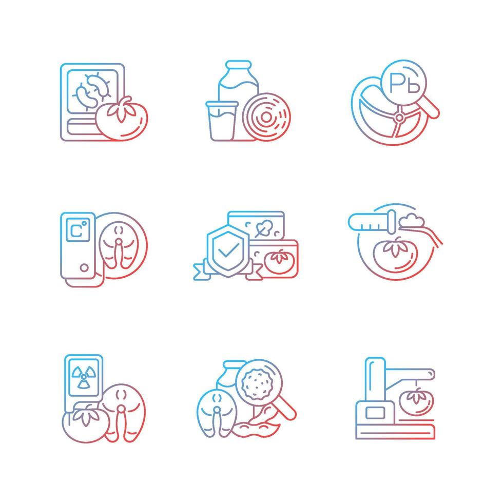 Food analysis gradient linear vector icons set. Biological and chemical danger detection. Varied examination methods. Thin line contour symbols bundle. Isolated outline illustrations collection
