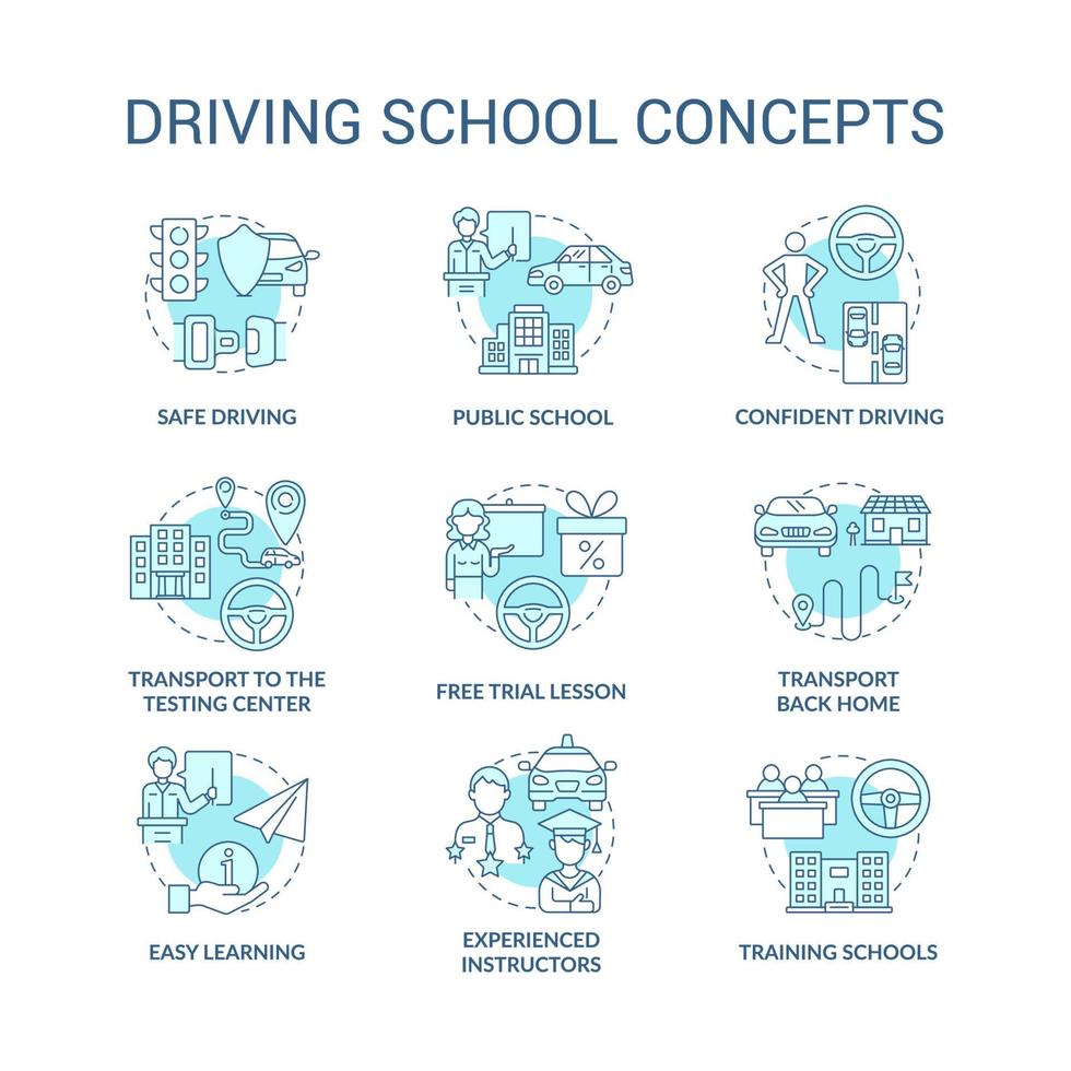 Driving school blue concept icons set. Car riding education idea thin line color illustrations. Learning road signs and rules. Drivers license. Vector isolated outline drawings. Editable stroke