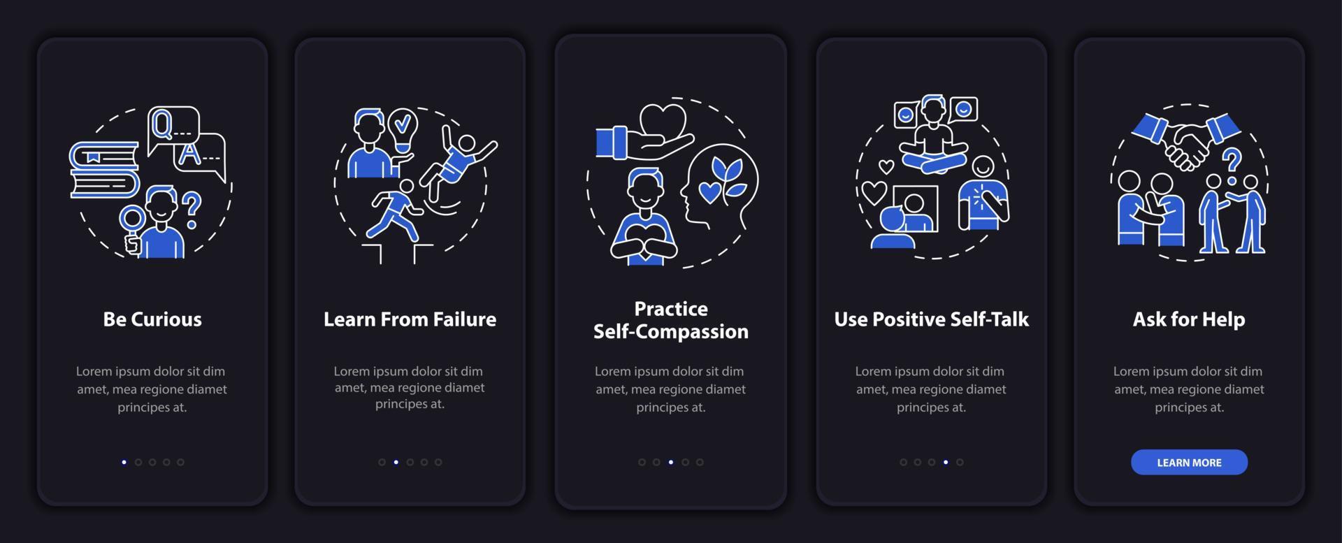 Happiness mindset strategies dark onboarding mobile app page screen. Walkthrough 5 steps graphic instructions with concepts. UI, UX, GUI vector template with linear night mode illustrations