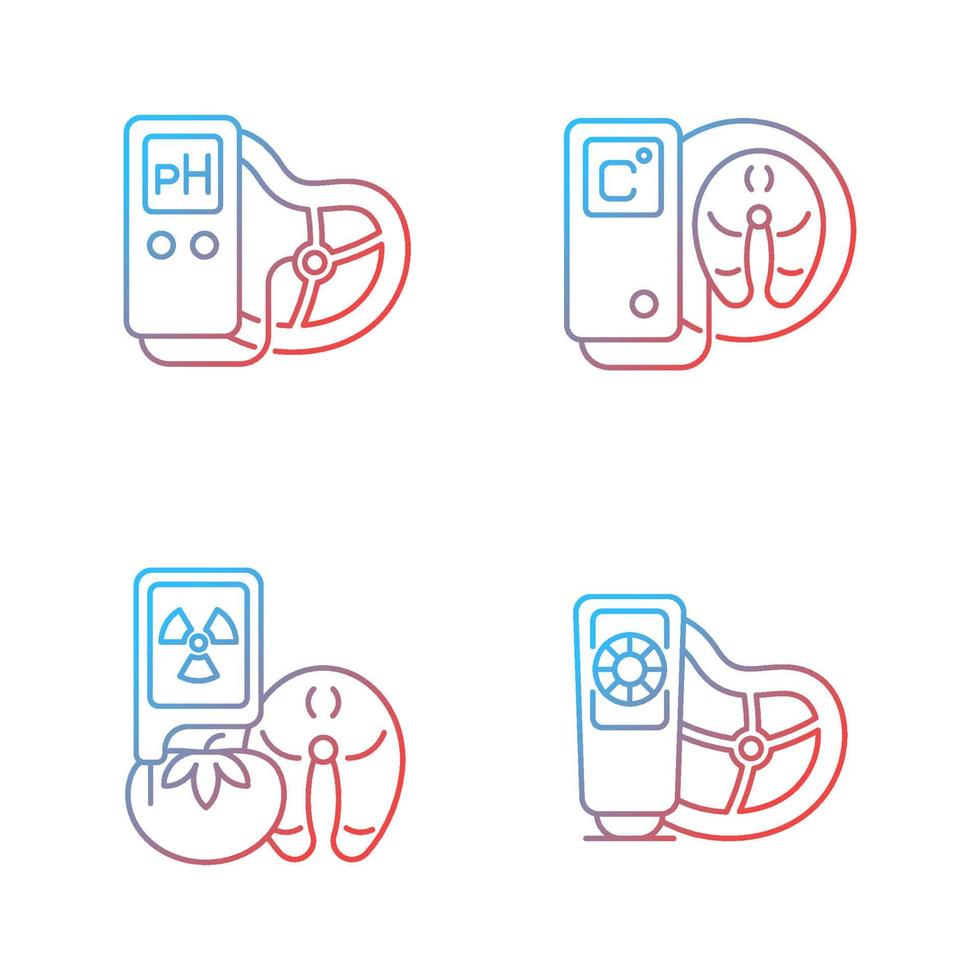 Food testing equipment gradient linear vector icons set. Scientific technology for product analysis. Various detectors. Thin line contour symbols bundle. Isolated outline illustrations collection