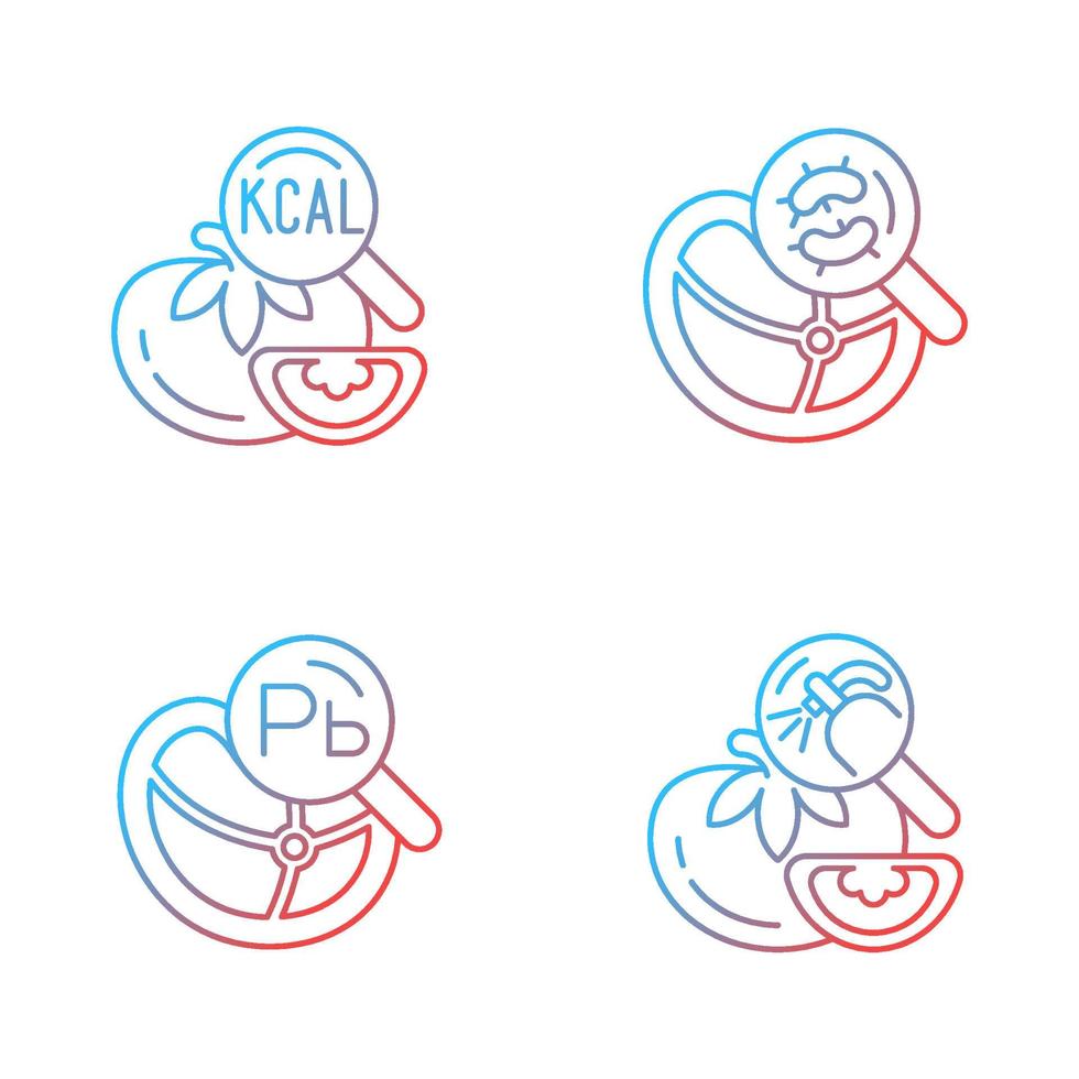 Food contaminant testing gradient linear vector icons set. Heavy metals and pesticide detection. Product content analysis. Thin line contour symbols bundle. Isolated outline illustrations collection