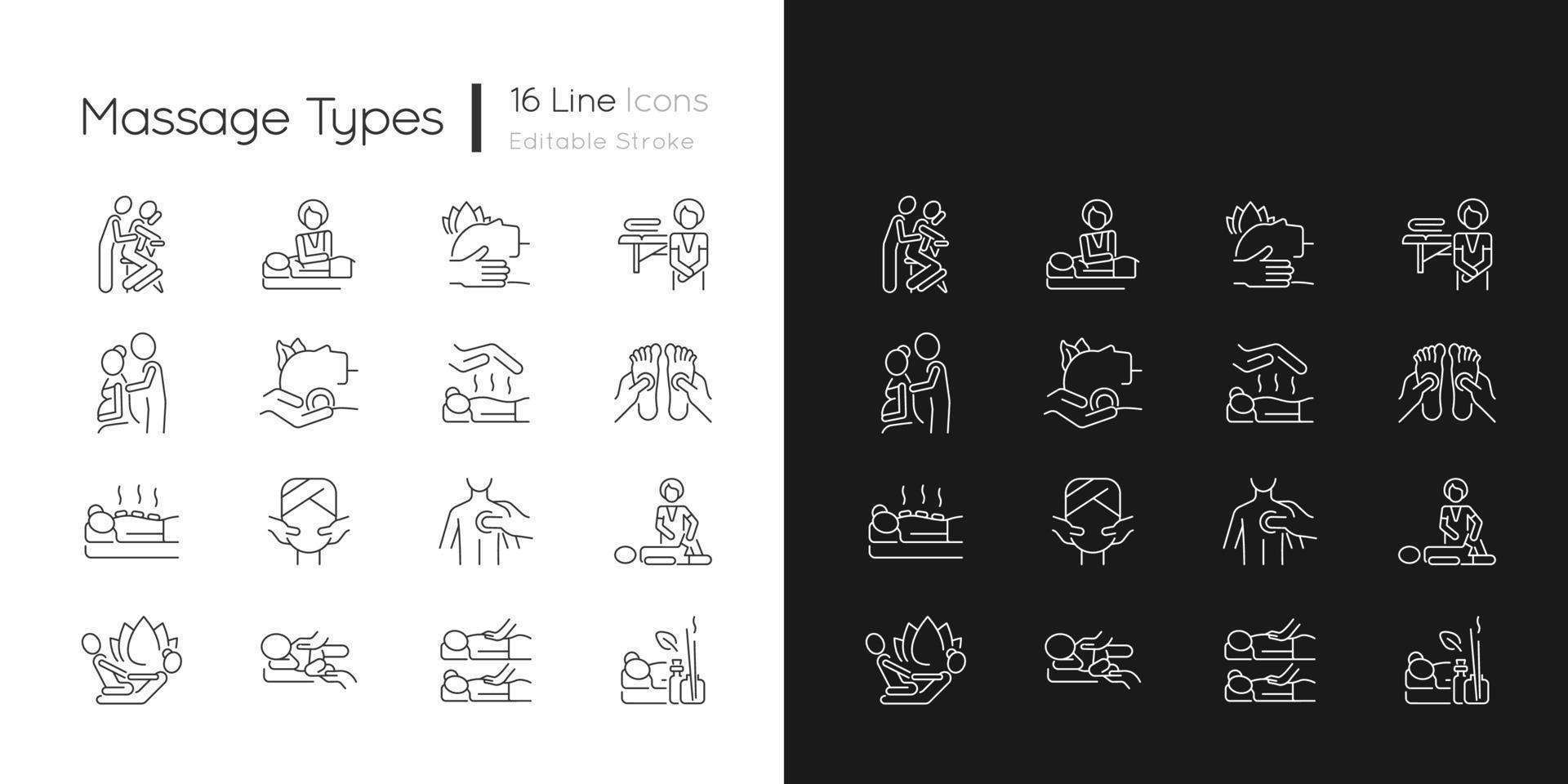 Massage types linear icons set for dark and light mode. Physical health improvement. Apply pressure to muscles. Customizable thin line symbols. Isolated vector outline illustrations. Editable stroke