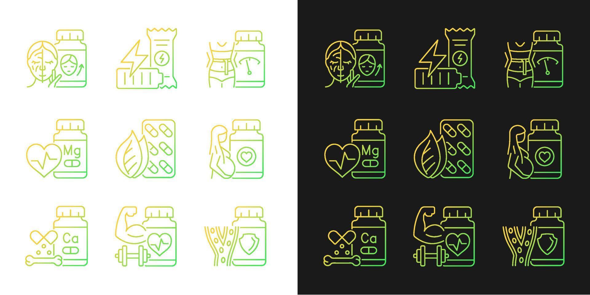 Food supplements gradient icons set for dark and light mode. Nutrient compounds. Vitamin source. Thin line contour symbols bundle. Isolated vector outline illustrations collection on black and white