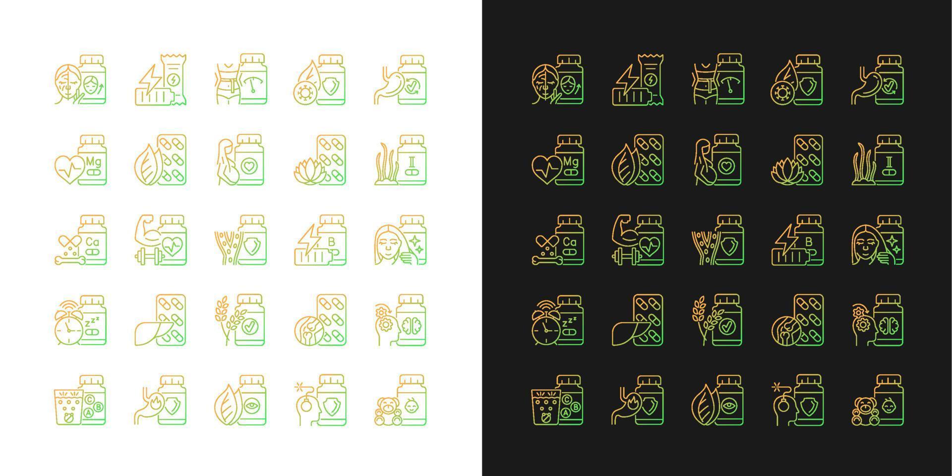 Food supplements gradient icons set for dark and light mode. Source of vitamins and nutrients. Thin line contour symbols bundle. Isolated vector outline illustrations collection on black and white