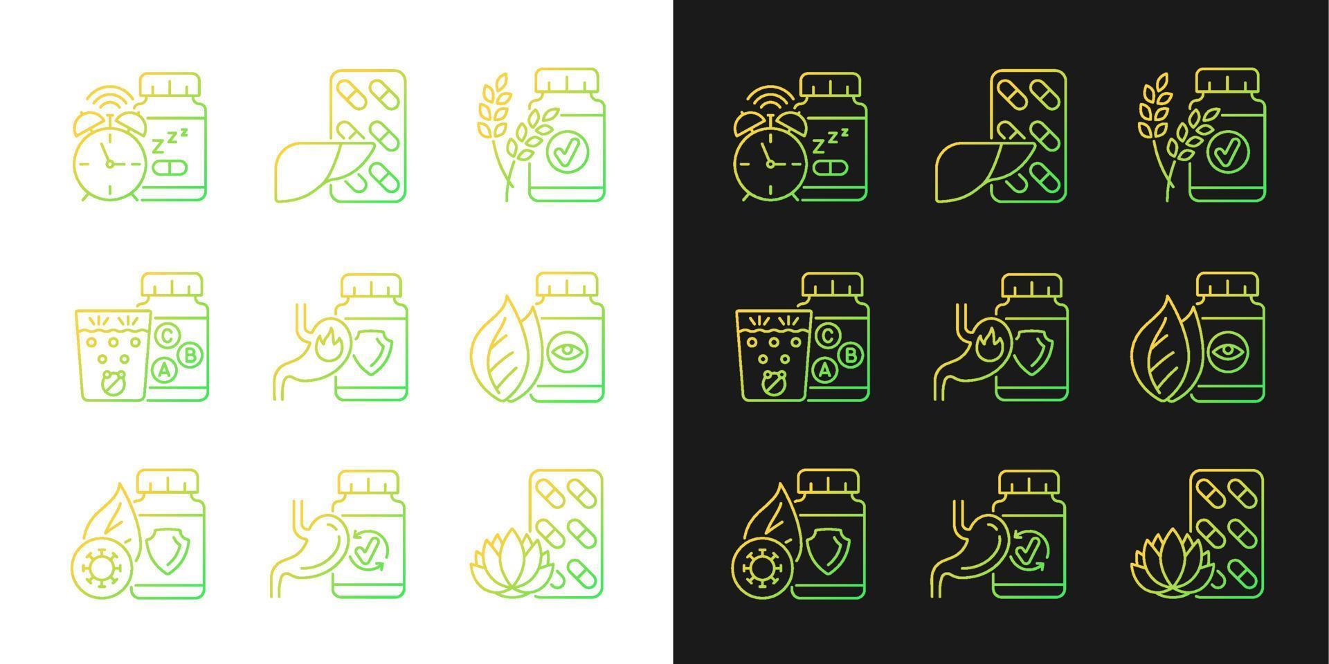 Food supplements gradient icons set for dark and light mode. Dietary products. Digestive medicine. Thin line contour symbols bundle. Isolated vector outline illustrations collection on black and white