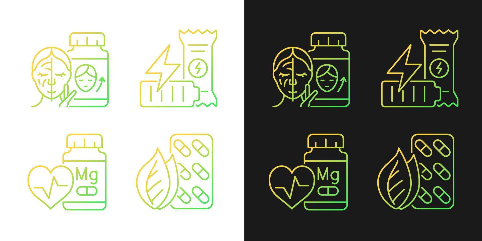 Food supplements gradient icons set for dark and light mode. Workout energy bar. Healthy snacks. Thin line contour symbols bundle. Isolated vector outline illustrations collection on black and white