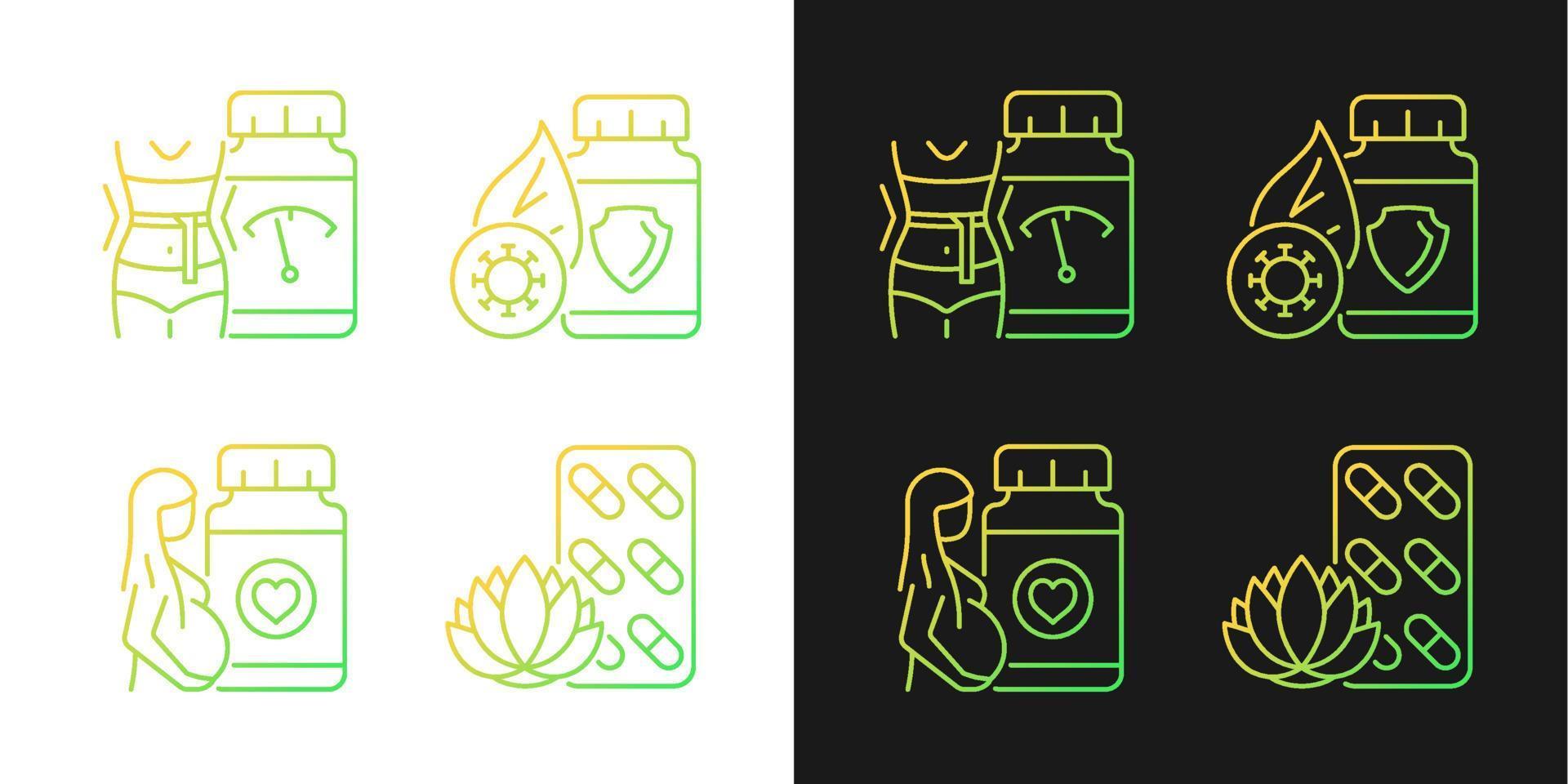Food supplements gradient icons set for dark and light mode. Pills for pregnancy. Immune boost. Thin line contour symbols bundle. Isolated vector outline illustrations collection on black and white