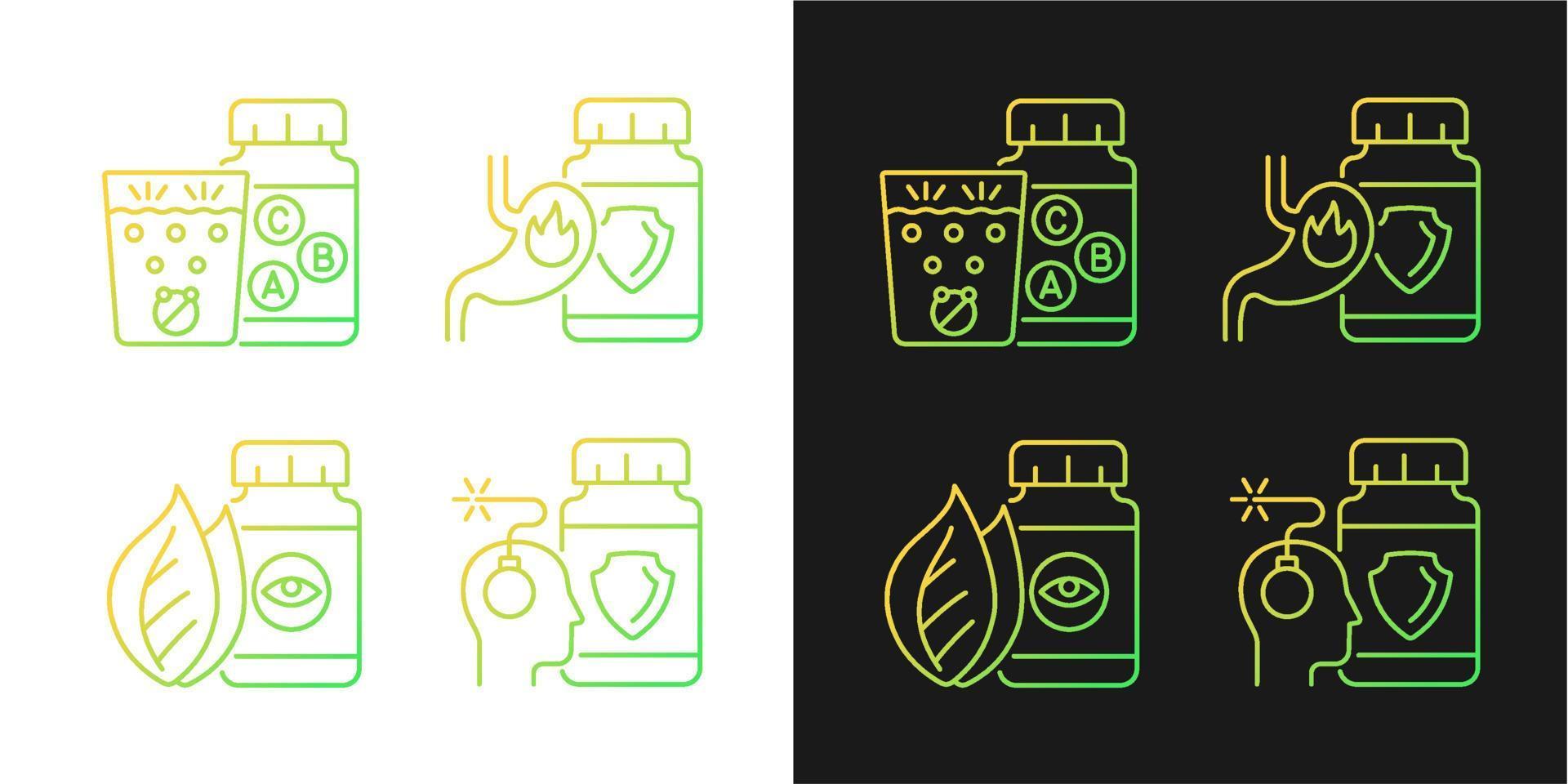 Food supplements gradient icons set for dark and light mode. Heartburn relief. Stress medication. Thin line contour symbols bundle. Isolated vector outline illustrations collection on black and white