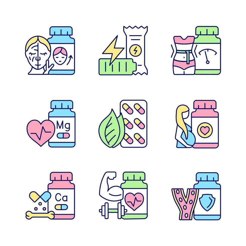 Food supplements RGB color icons set. Dietary supplements for women. Pills for athletes. Nutrient compounds. Vitamin source. Isolated vector illustrations. Simple filled line drawings collection