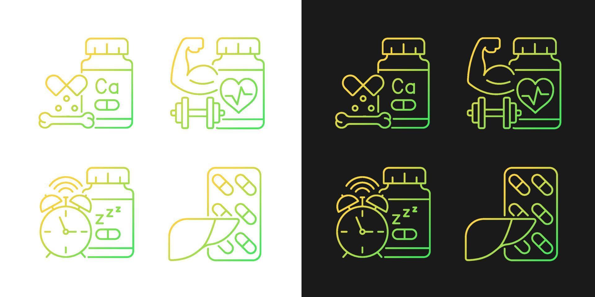 Food supplements gradient icons set for dark and light mode. Insomnia aid. Cardiovascular tablets. Thin line contour symbols bundle. Isolated vector outline illustrations collection on black and white