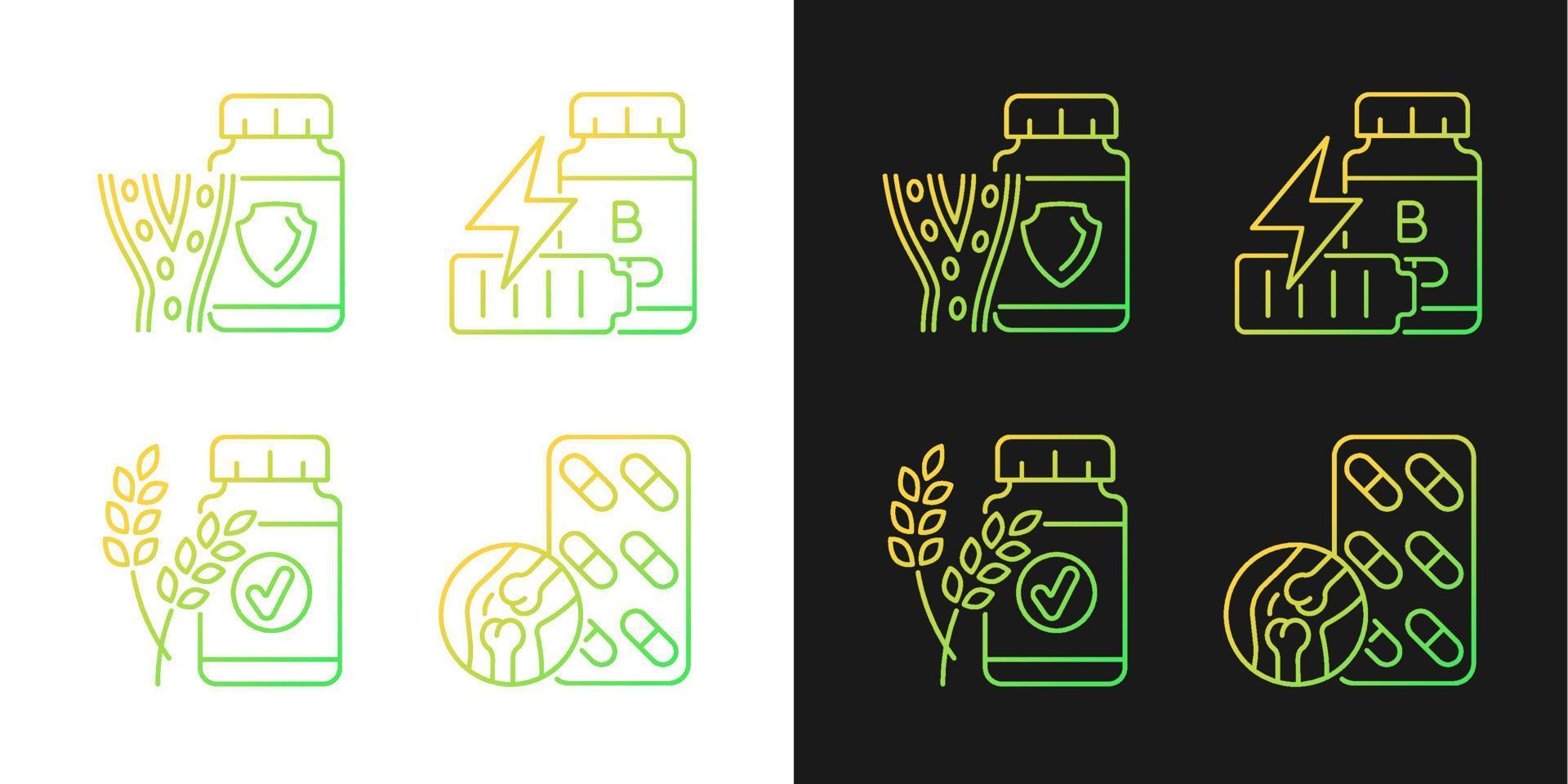 Food supplements gradient icons set for dark and light mode. Blood pressure. Fatigue treatment. Thin line contour symbols bundle. Isolated vector outline illustrations collection on black and white