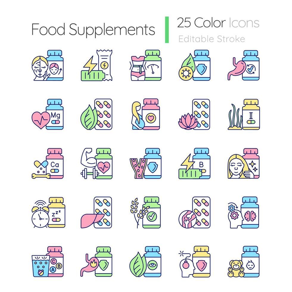 Food supplements RGB color icons set. Source of vitamins and nutrients. Eating healthy. Dietary supplements for healthy lifestyle. Isolated vector illustrations. Simple filled line drawings collection