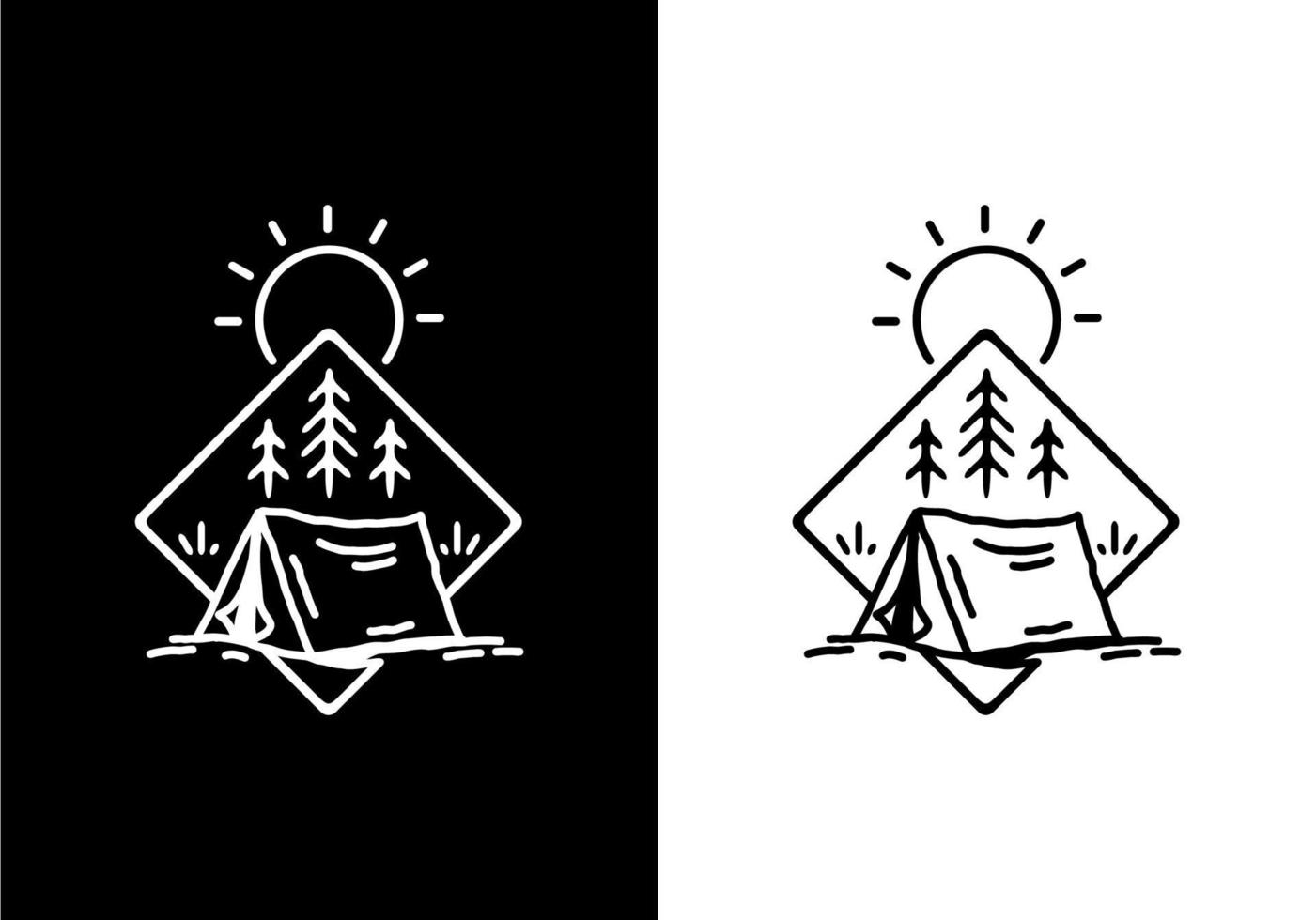 Black and white line art illustration of camping tent vector