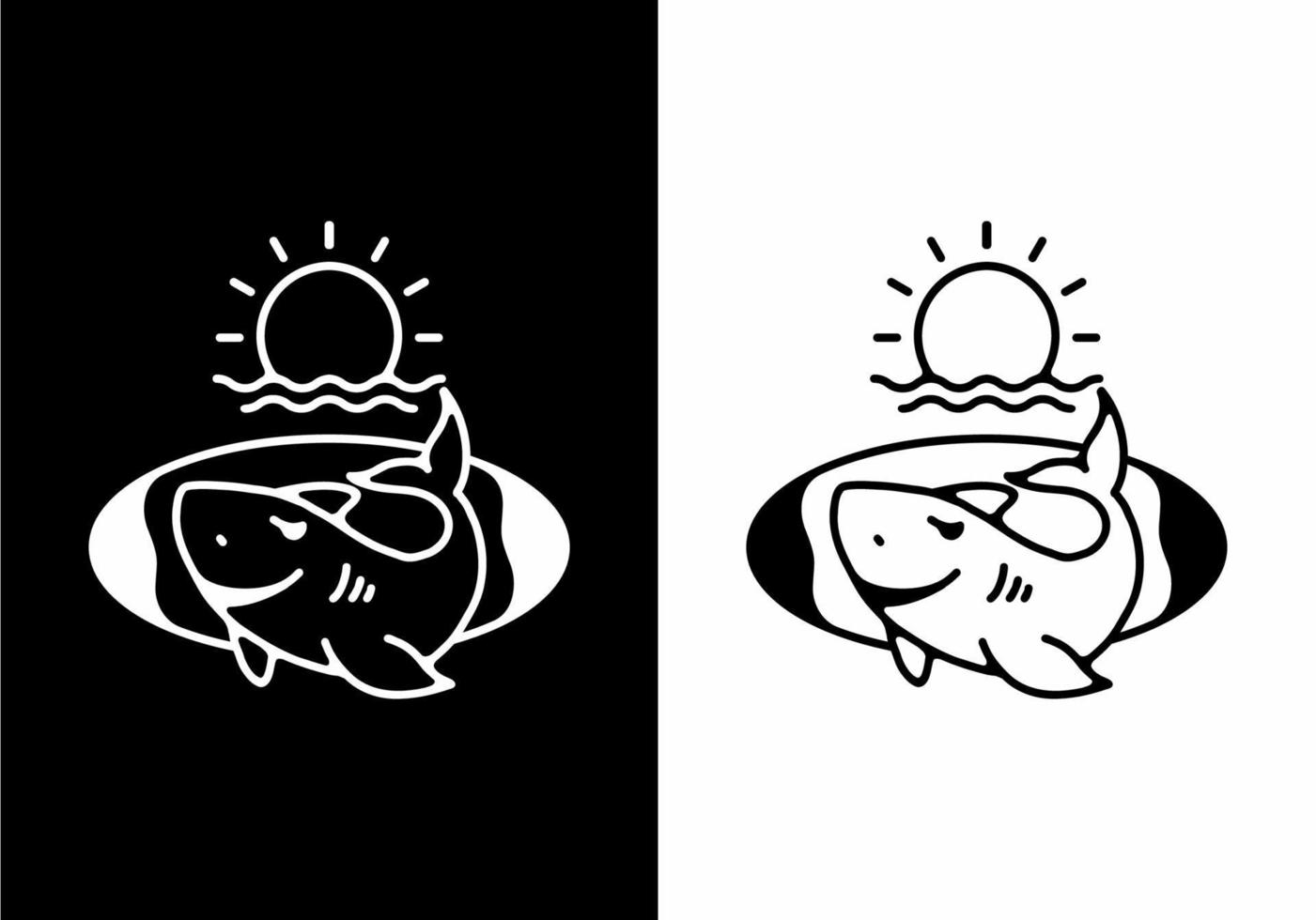 Black and white line art illustration of shark vector