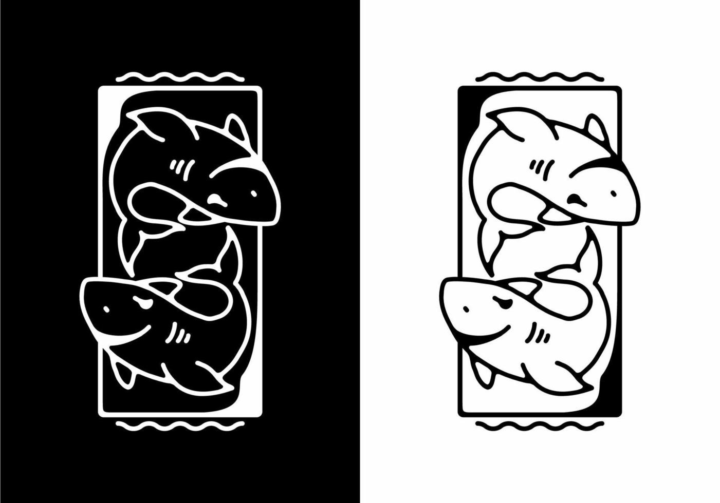 Black and white line art illustration of shark vector