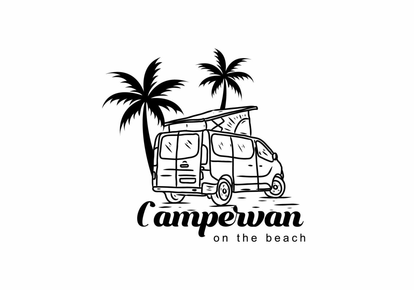 Black illustration drawing of campervan on the beach vector