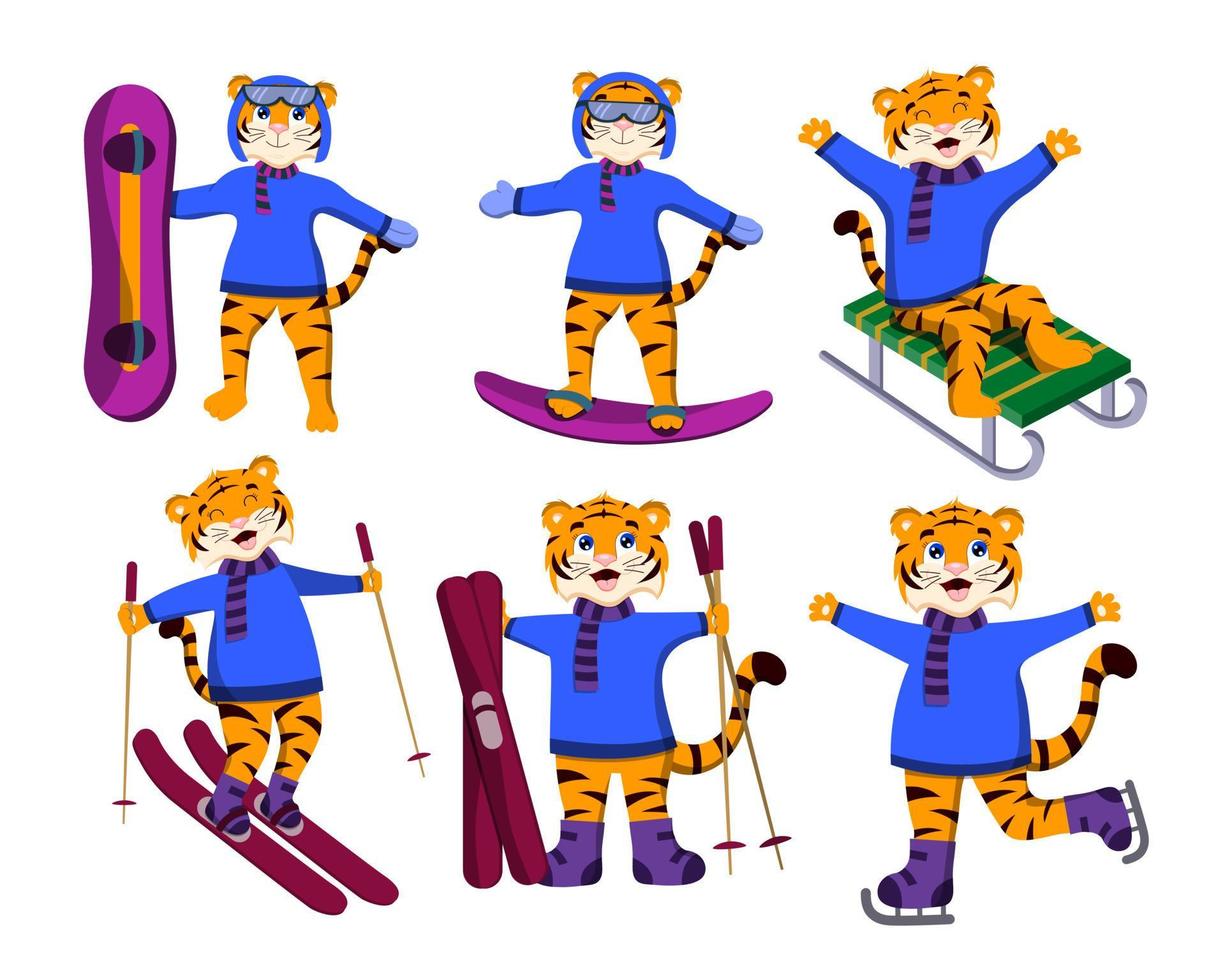 a set of cartoon tigers on skis and sleds vector