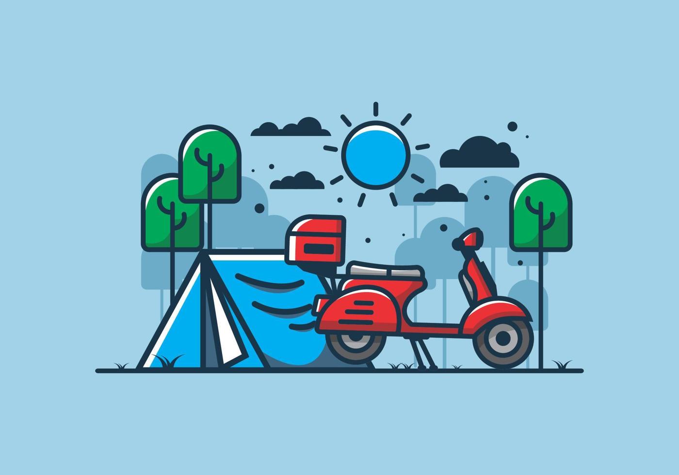 camping con scooter ilustración plana vector