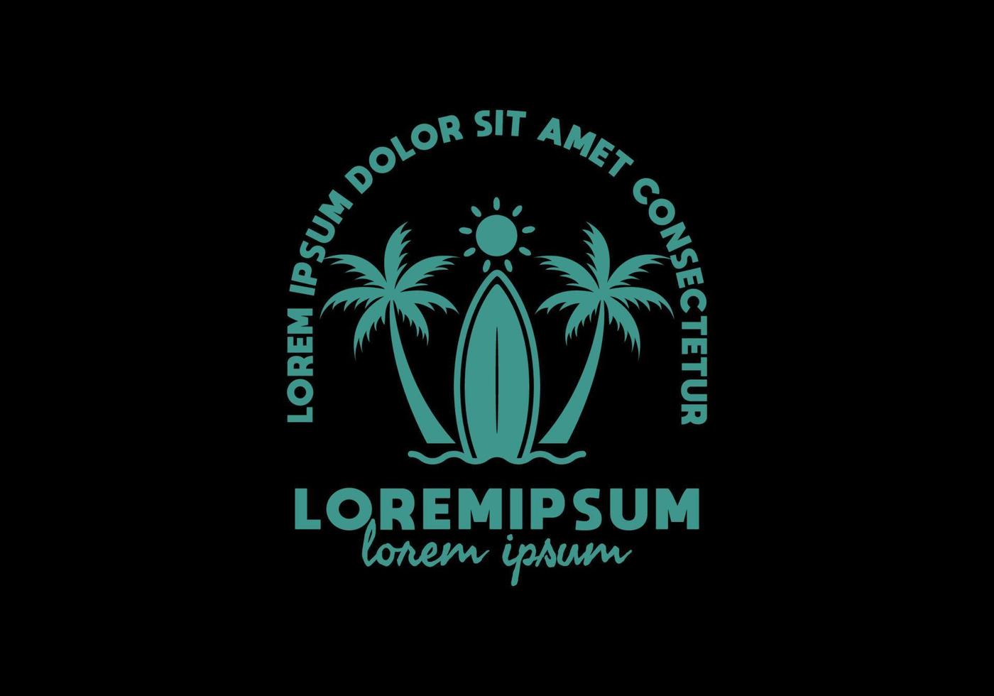 Blue color of surfing board and coconut tree line art illustration with lorem ipsum text vector