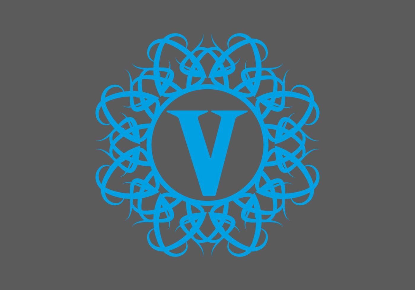 Blue grey V initial letter in circle classic frame vector