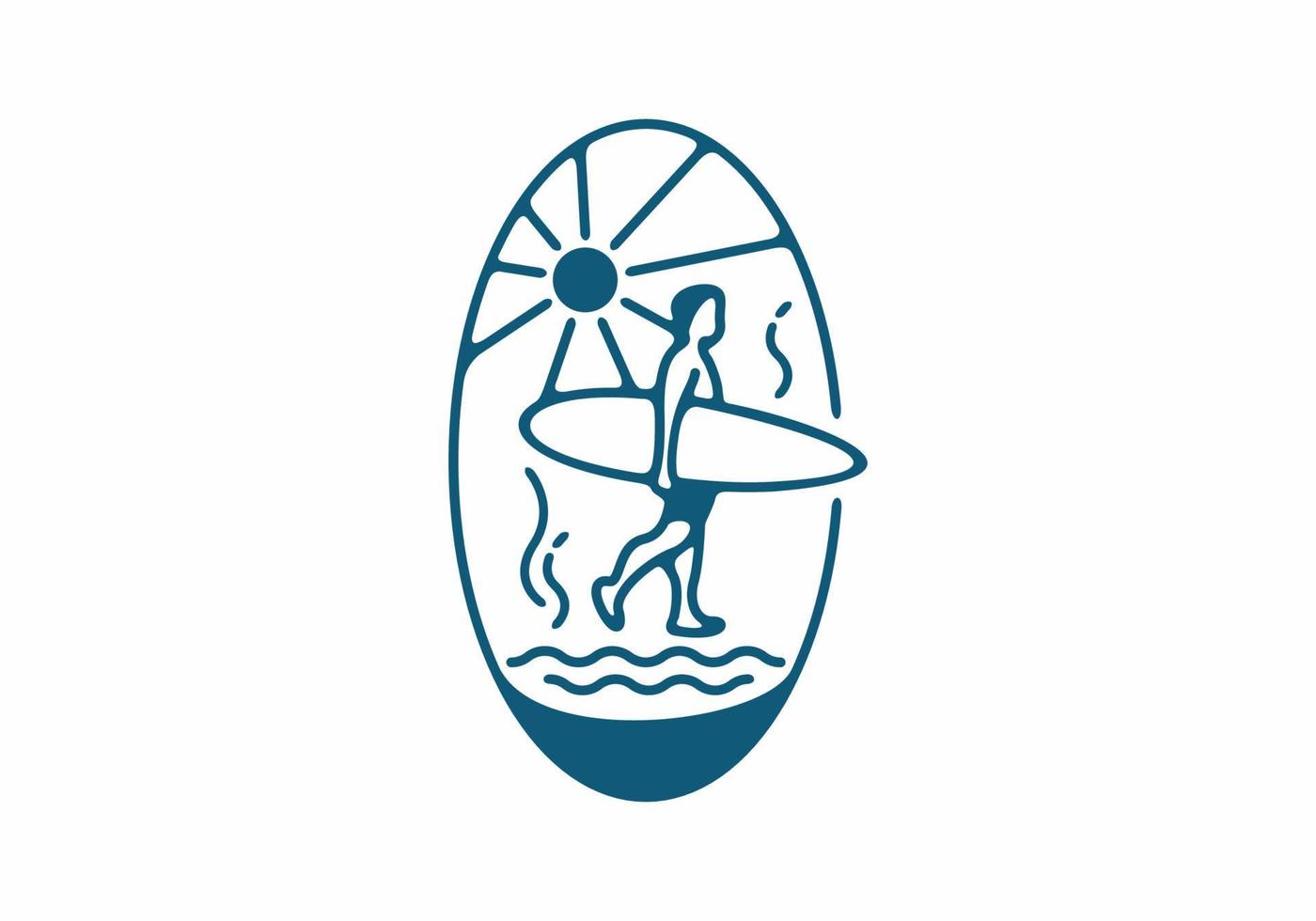 Blue line art of surfer in oval shape badge vector