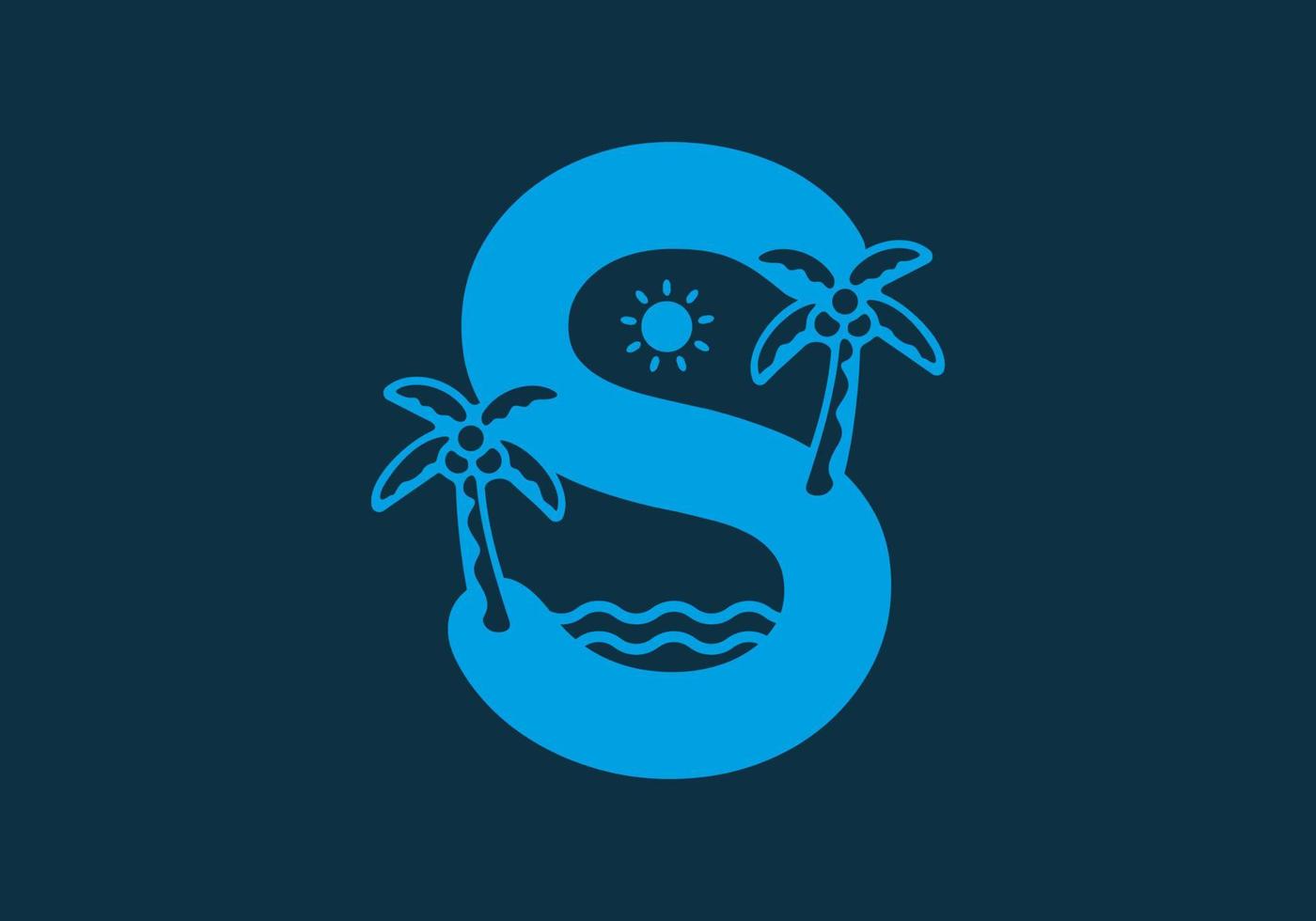 Blue of S initial letter with coconut tree and water vector