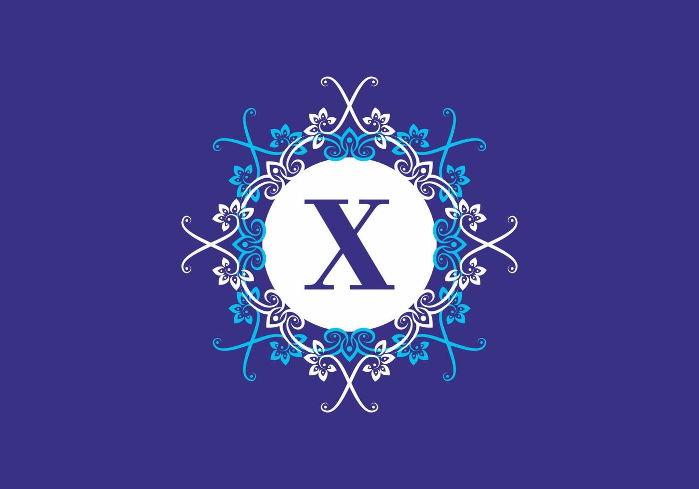Blue white purple of X initial letter in circle classic frame vector
