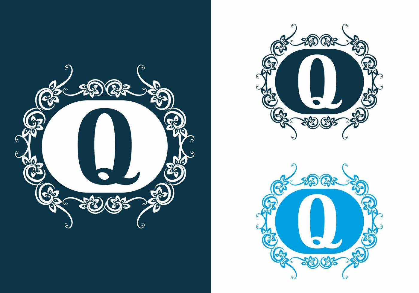 Blue white of Q initial letter in classic frame vector