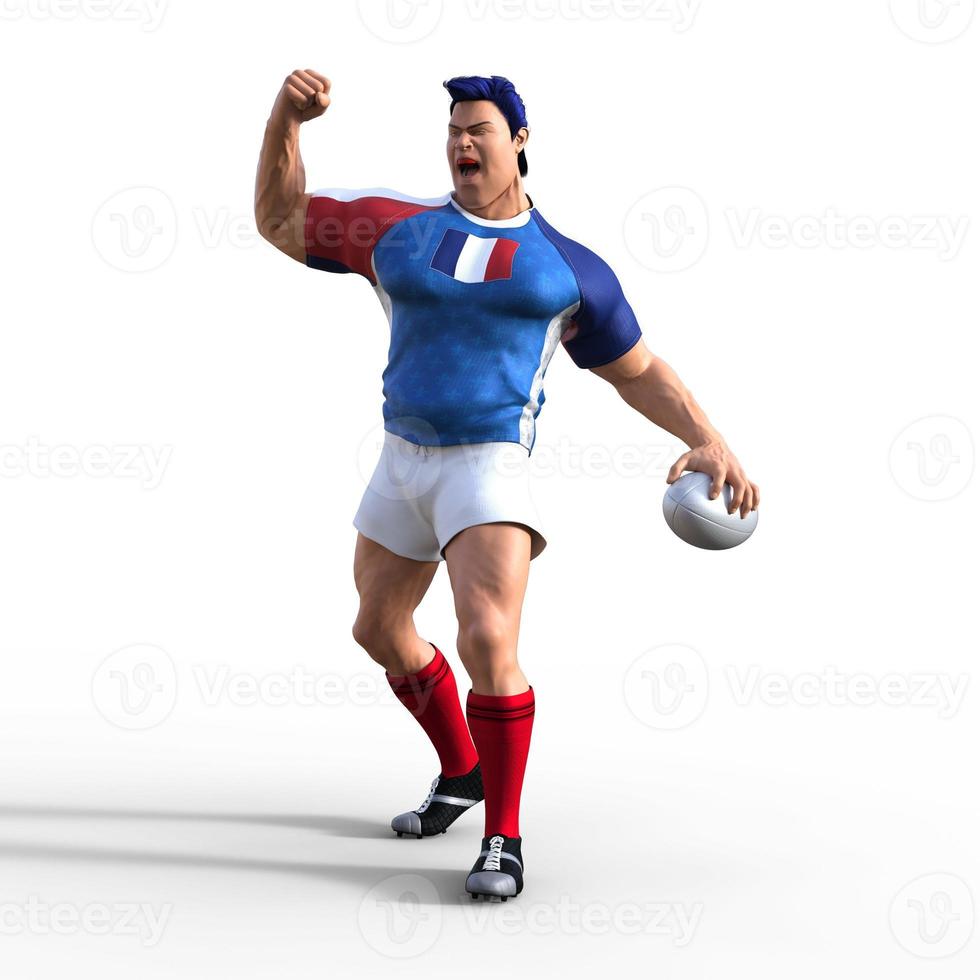 3D Illustration of a French Rugby Player as they fist pump the air in celebration after scoring a try and winning the championship rugby match. A stylized rugby character with superhero features. photo