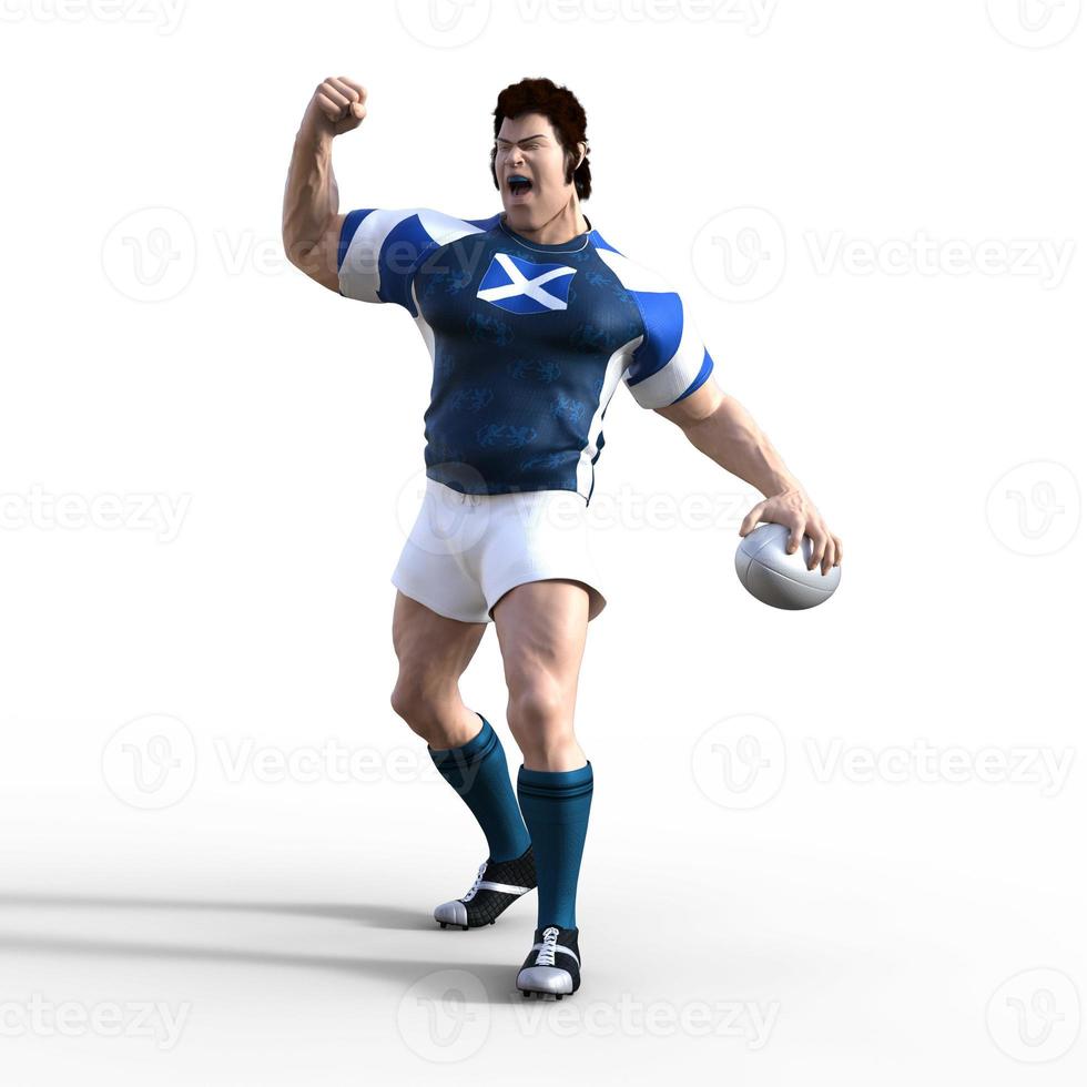 3D Illustration of a Scotish Rugby Player as they fist pump the air in celebration after scoring a try and winning the championship rugby match. A stylized rugby character with superhero features. photo