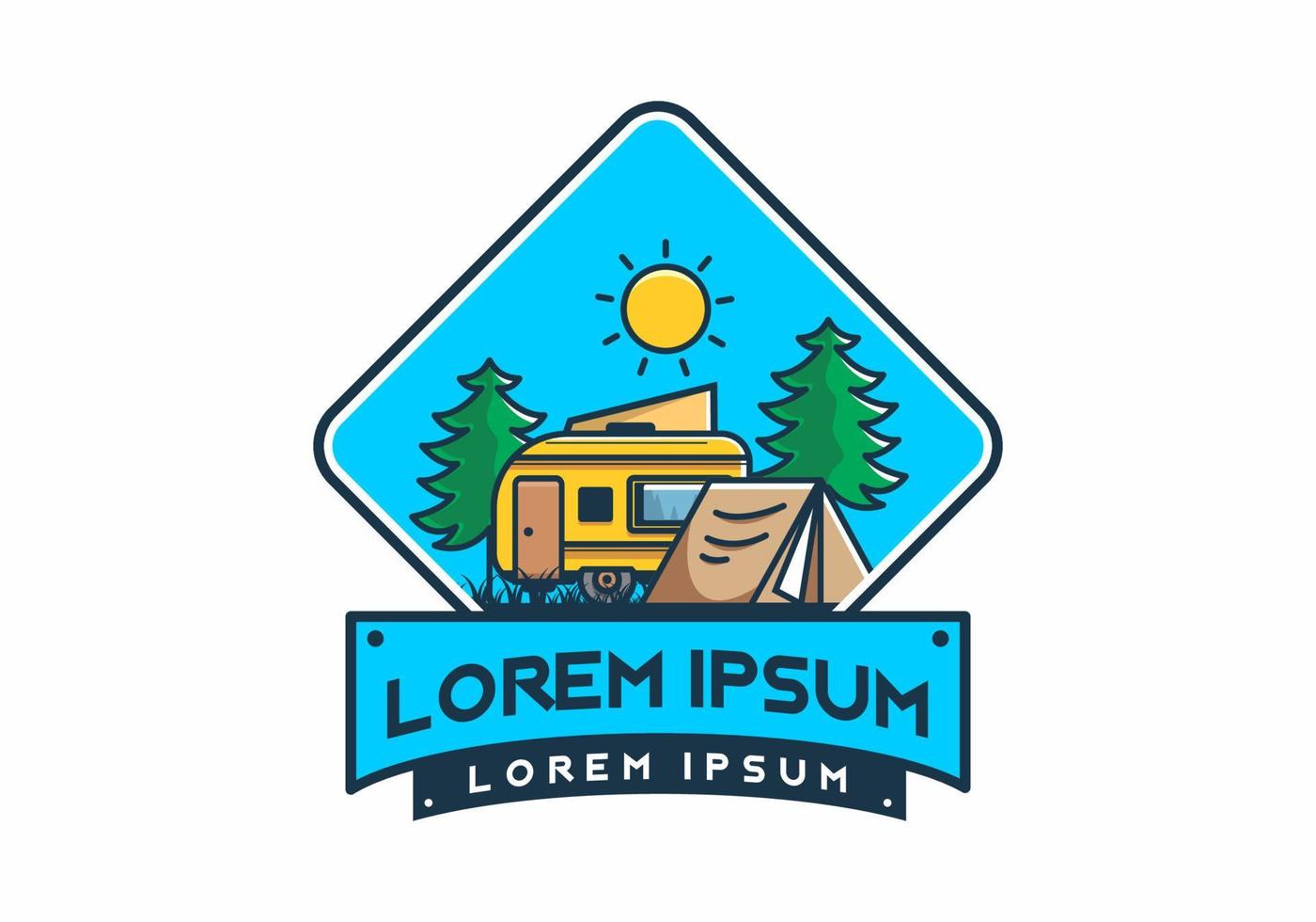 Camping van and tent between pine trees illustration vector
