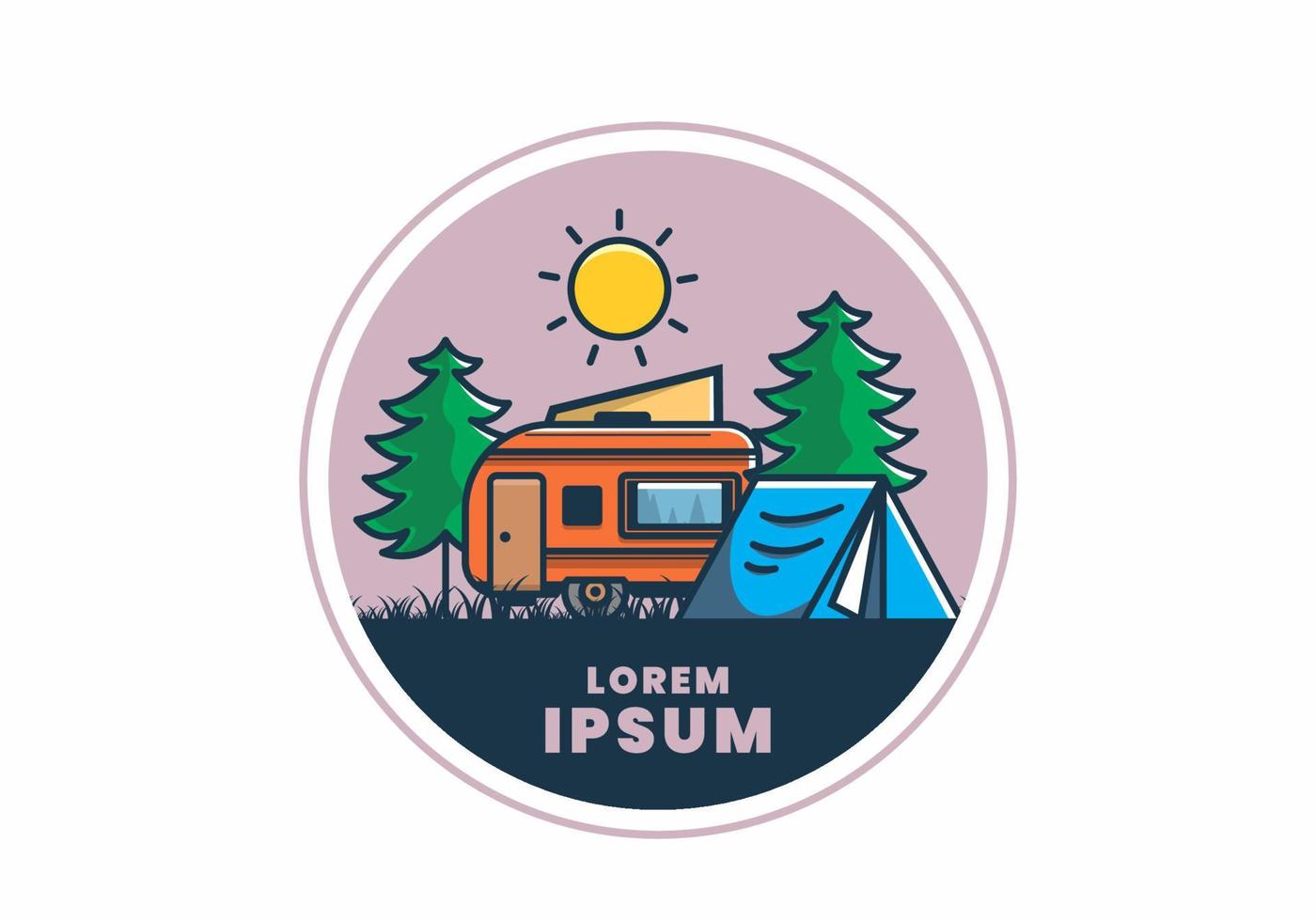 Camping van and tent between pine trees illustration vector