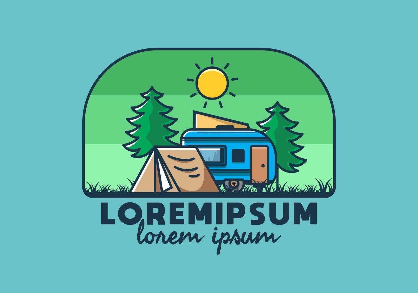 furgoneta de camping y tienda de campaña entre pinos ilustración vector