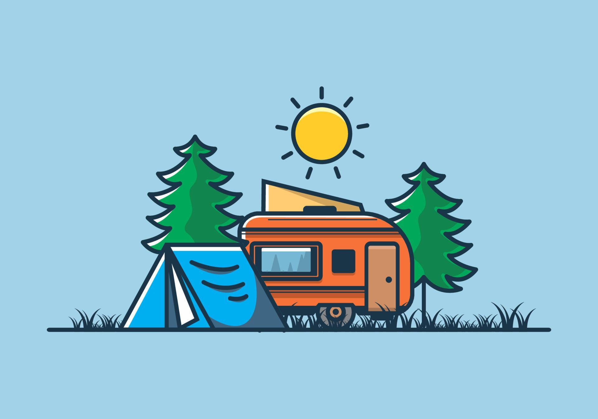 Camping van and tent between pine trees illustration 6464191 Vector Art ...