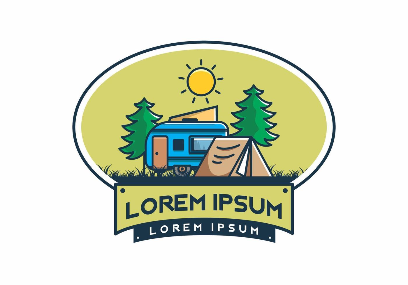 Camping van and tent between pine trees illustration vector