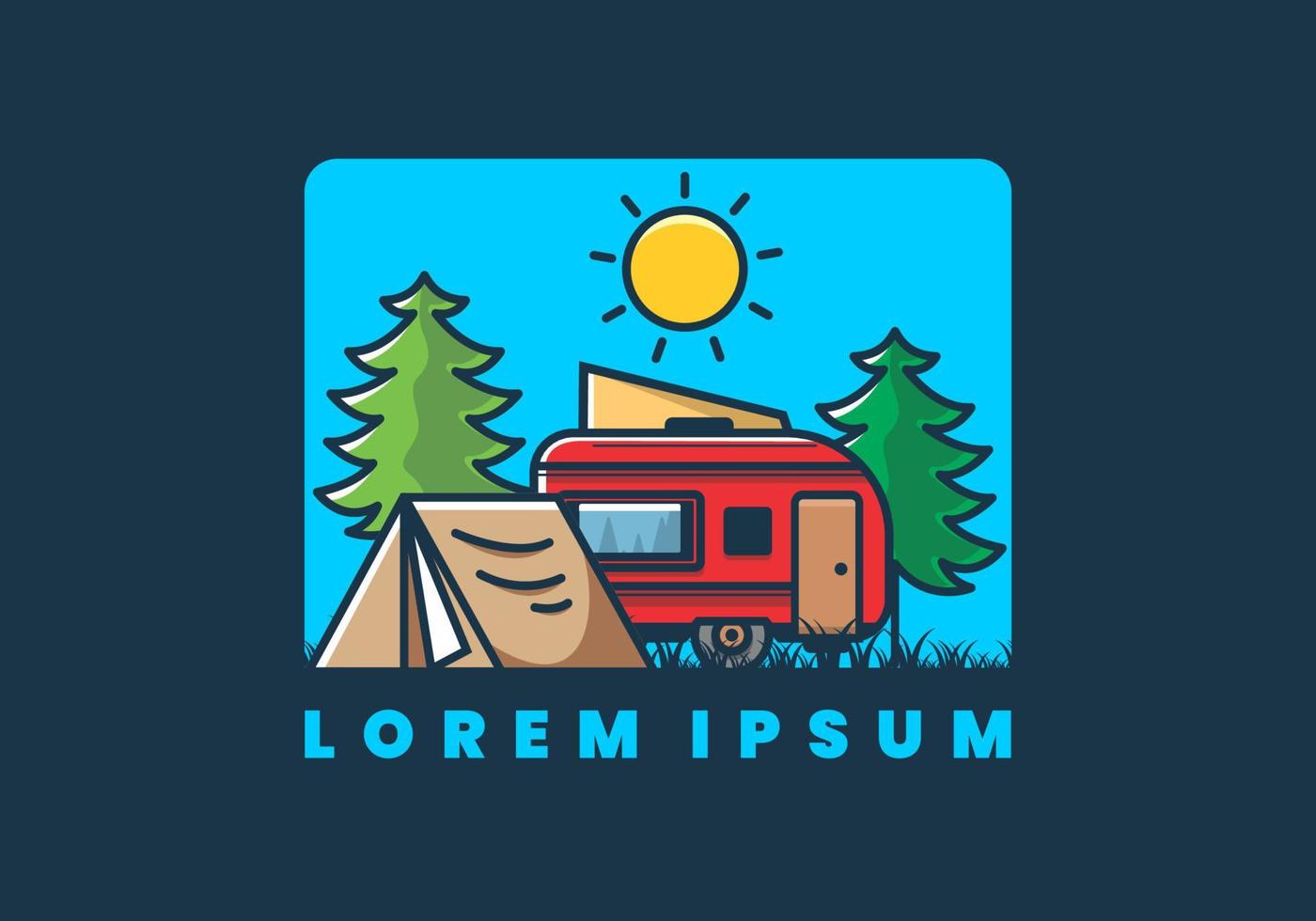 Camping van and tent between pine trees illustration vector