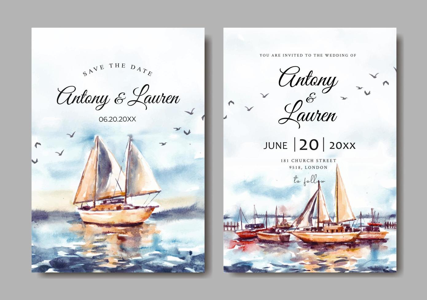 Wedding invitation of sunrise landscape with harbor and boat watercolor vector