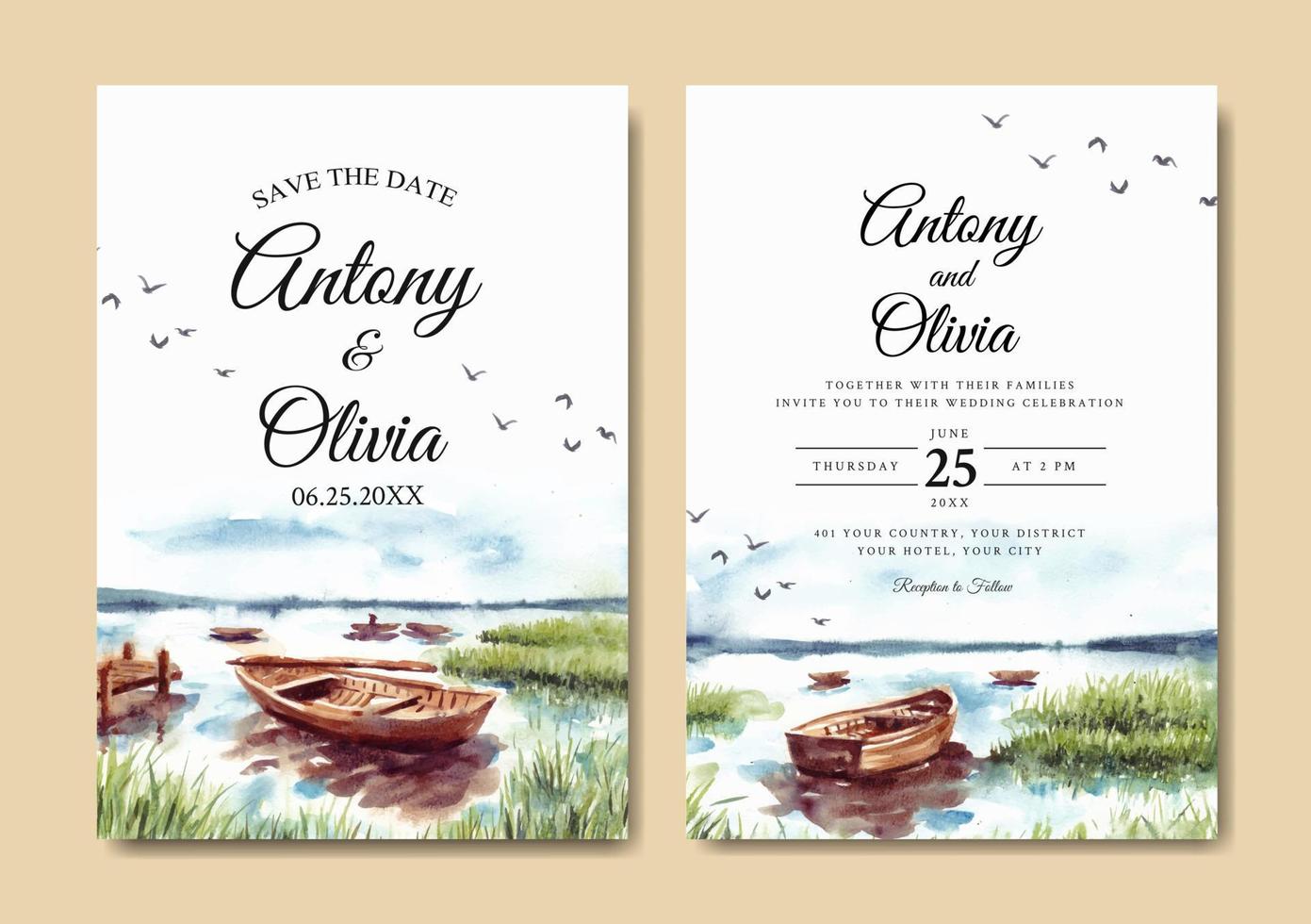 invitación de boda acuarela del paisaje natural con barco en el lago vector