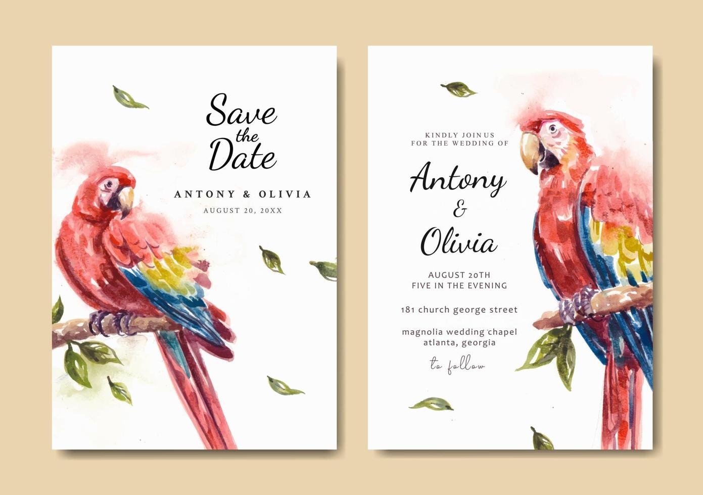 Wedding invitation with beautiful scarlet macaw parrot watercolor vector