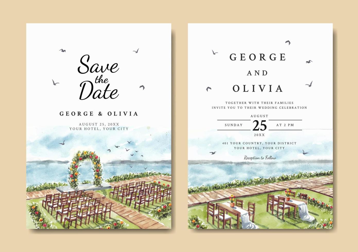 Wedding invitation of nature landscape with beautiful wedding gate view watercolor vector